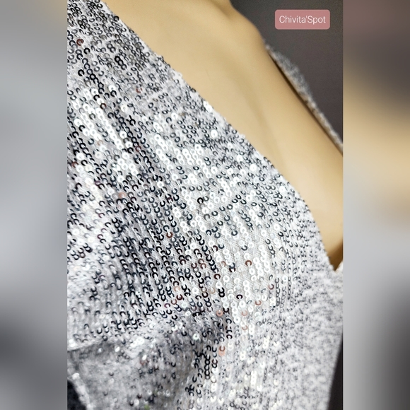 🏷🆕️ Sexy Deep-V Sequin Glitter Tassel Sleeve Party Mini Dress - Silver - L - Picture 6 of 16